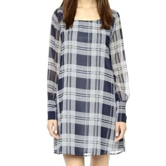 BB Dakota Plaid Dress Shift Dress Navy Gray Long Sheer Sleeve Women's S - Picture 1 of 11
